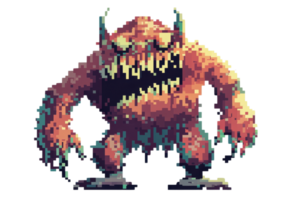 Pixel art depiction of a large orange monster with sharp teeth and horns, standing menacingly. Ideal for retro game designs and fantasy themes. png