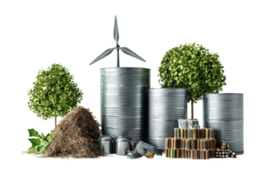 Renewable energy sources with wind turbines, trees, and batteries representing eco-friendly technologies and sustainability. png