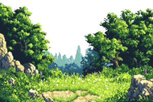 Pixel art nature scene featuring lush green trees, rocks, and a distant mountain. Ideal for game backgrounds and digital art projects. png