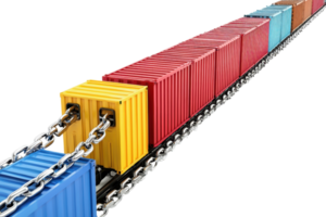 Colorful shipping containers linked by chains in a train, symbolizing transport, logistics, and global trade with a forward direction. png