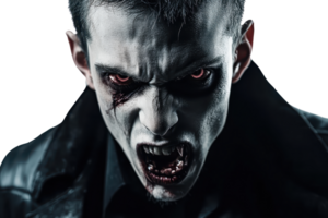Close-up of a menacing vampire with fangs and red eyes in a dark setting, perfect for Halloween or horror themes. png