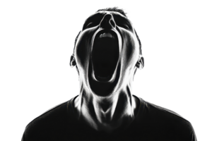 Silhouette of a person in shadow, screaming or shouting with an open mouth, expressing strong emotion in a dramatic, high-contrast image. png