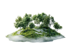Scenic view of a small verdant hill with trees and grass, surrounded by fog, creating a serene and tranquil atmosphere. png