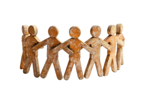 unidade conceito representado de de madeira humano figuras em pé dentro uma círculo, segurando mãos, simbolizando cooperação, trabalho em equipe, e comunidade. png