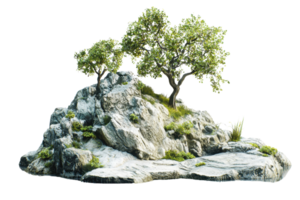 Scenic landscape with rugged rocks and green trees, perfect for nature backgrounds and environmental themes. png