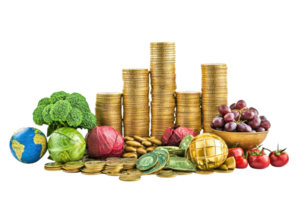 Still life with stacked coins, globe, and various vegetables and fruits symbolizing wealth, abundance, and global trade. png