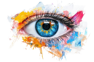 Vibrant artistic eye illustration with colorful abstract splashes and detailed blue iris, blending art and realism in a stunning visual. png
