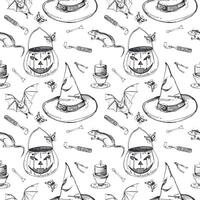 Halloween pattern, pumpkin basket, bat, rat, potions in bottles, fortune telling bones, witch hat. All objects are hand drawn with ink and transferred to . For printing on fabric, paper, design vector