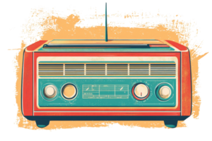 Vintage retro radio illustration with vibrant colors on a textured background, evoking nostalgia and classic design. png