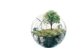 A floating island with a tree, wind turbines, and houses, representing sustainable energy and eco-friendly living in a clean environment. png