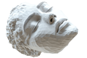 A geometric sculpture of a human face with closed eyes. The abstract art highlights the intricate angular details and minimalist aesthetics. png