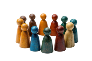 A group of colorful wooden figurines arranged in a circle, symbolizing unity, teamwork, and collaboration. png