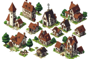 A collection of medieval-style village buildings with red roofs and stone architecture. Ideal for game design, animation, and digital art projects. png