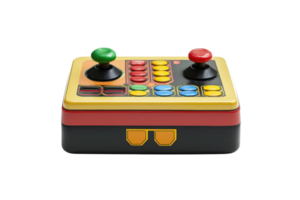 A colorful retro arcade joystick game controller with buttons, perfect for vintage gaming enthusiasts and nostalgic gameplay sessions. png