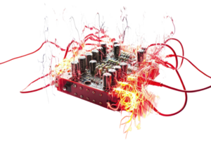 A vivid depiction of a circuit board with vibrant, exploding wires showcasing energy and motion, symbolizing tech and electronics innovation. png