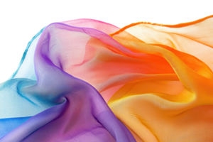 Vibrant, colorful fabric flowing dynamically, showcasing a beautiful gradient from purple to orange. Perfect for backgrounds or artistic projects. png