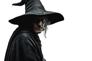 A mysterious man wearing a dark cloak and hat, resembling a wizard or dark sorcerer, creating an eerie and magical atmosphere. png