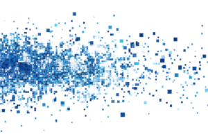 Abstract digital art representing a stream of blue particles and squares, creating a dynamic and modern visual effect. png