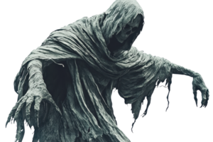 A hooded, faceless spectral figure dressed in tattered robes, reaching out with skeletal hands, emanating an eerie, ghostly aura. png