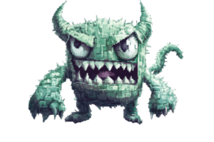 A digitally illustrated pixel art monster with sharp teeth and an angry expression, perfect for game designs or Halloween themes. png