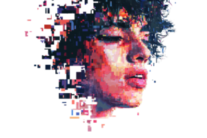Abstract digital portrait of a young person with pixelated effects, vibrant colors and artistic expression. png