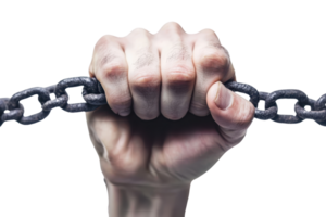 Close-up of a strong hand gripping a metal chain, symbolizing strength, struggle, and determination in a powerful concept image. png