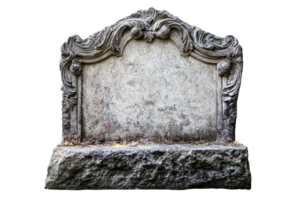Weathered tombstone with intricate carvings symbolizes reflection and remembrance, ideal for themes of history, mortality, or ancestry. png