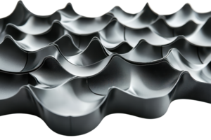 Abstract metallic waves and ridges forming a dynamic pattern with reflective surfaces under light. Ideal for backgrounds and modern designs. png
