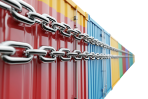 Close-up view of colorful shipping containers secured with chains, emphasizing security and logistics. png