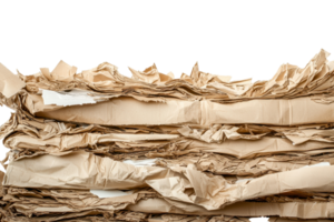 Close-up of crumpled brown paper sheets stacked together, showcasing texture and pattern, perfect for recycle and environmental themes. png