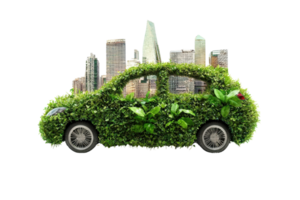 Eco-friendly car covered in green foliage with a cityscape background, representing sustainable urban mobility and environmental consciousness. png