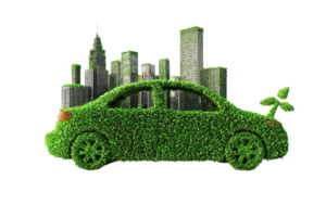 Eco-friendly car covered in green foliage with cityscape in the background, symbolizing sustainable urban transportation. png