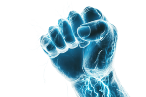 Electrifying blue fist glowing with energy, representing power, strength, and dynamic action. Perfect for technology, energy, and futuristic concepts. png