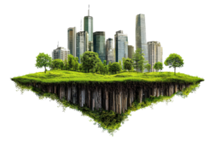Floating cityscape blending urban architecture with lush greenery, showcasing harmony between city life and nature. png