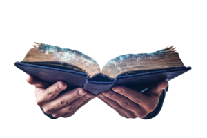 Hands holding an open old book with a magical, dreamy glow, symbolizing knowledge, fantasy, and mystery. png