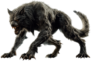 Fierce werewolf with fangs and claws, representing a mythological creature in a dynamic, aggressive pose, ideal for horror themes. png