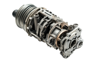 Detailed close-up of a modern mechanical component showcasing engineering precision and intricate design. png