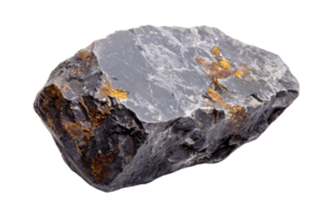 High-resolution image of a raw mineral ore with dark gray and golden streaks, perfect for geology and natural resource themes. png