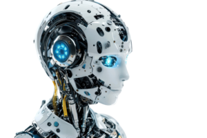 Futuristic humanoid robot with blue eyes and complex mechanical components, representing advanced AI technology. Side profile view. png