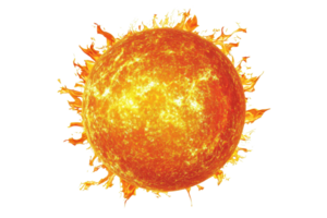 High-resolution image of the sun with vibrant solar flares, showing details of the fiery surface and corona, perfect for astronomy themes. png