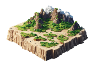 Isometric illustration of a lush, mountainous terrain with green vegetation, rocky cliffs, and scattered clouds in a 3D landscape design. png