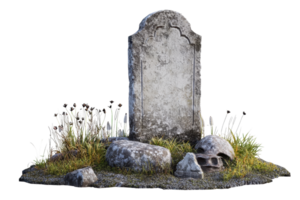 Ancient, weathered gravestone surrounded by rocks and grass, featuring a decaying skull, signifying mystery and history. png