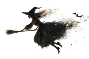 Artistic depiction of a witch flying on a broomstick, with magical effects creating an ethereal trail, perfect for Halloween themes. png