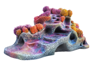Colorful coral reef-like structure with vibrant artificial marine elements, creating an underwater-inspired art piece. png