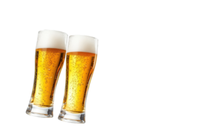 Two frothy glasses of beer with bubbles, ideal for celebrating, toasting, or relaxing. Perfect for summer, parties, or beer-related events. png