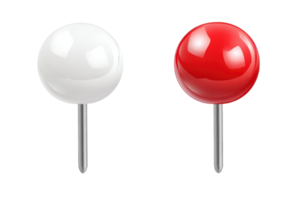 Close-up of two ball-headed push pins, one white and one red, on a transparent background. Perfect for office and school supply themes. png