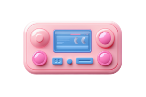 3D illustration of a cute, retro-style pink dashboard control panel with buttons, dials, and a screen displaying information. png