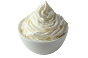 Close-up of a bowl filled with creamy, fluffy whipped cream. Perfect for dessert toppings, baking, and culinary creations. png