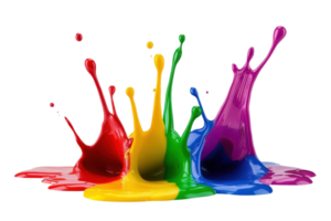 Vibrant splashes of colorful paint in red, yellow, green, and blue creating an artistic explosion on a transparent background. png
