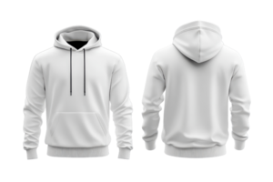 Front and back view of a white hoodie sweatshirt isolated on a transparent background. perfect for mockups and apparel designs. png